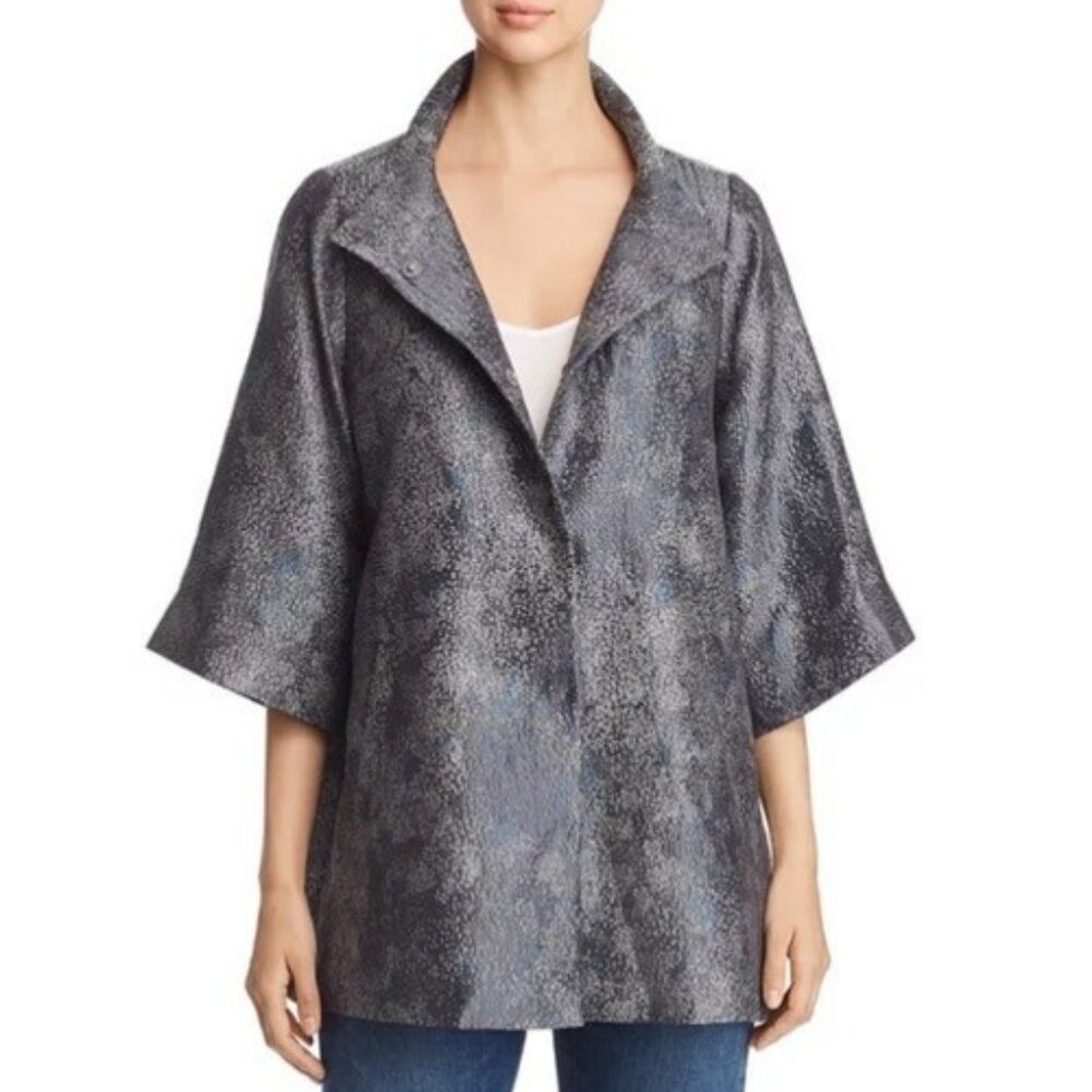 EILEEN FISHER Cosmos Jacquard 3/4 Sleeve Jacket Gray Blue Silk M Oversize Kimono